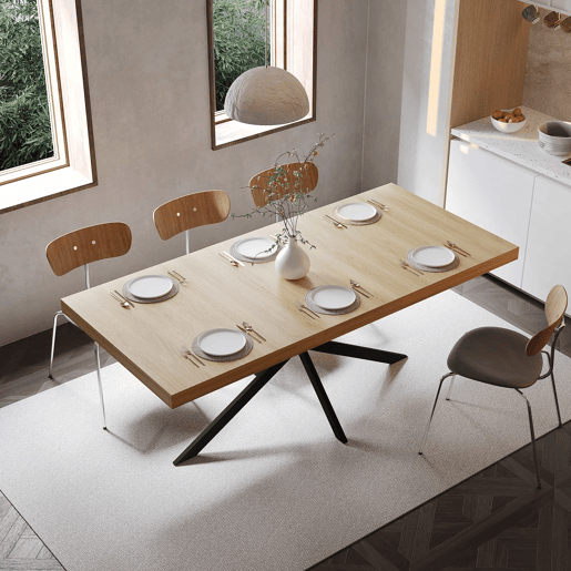 Mesa de jantar extensível 140-180 cm - estilo retro, arrumação oculta, placa central em relevo - Natural Mesa de jantar extensível 140-180 cm - estilo retro, arrumação oculta, placa central em relevo - Natural