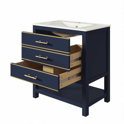 Móvel de casa de banho com lavatório em cerâmica - Móvel independente com 2 gavetas e prateleira aberta, tampo em MDF lacado, puxadores dourados - Preto + Azul