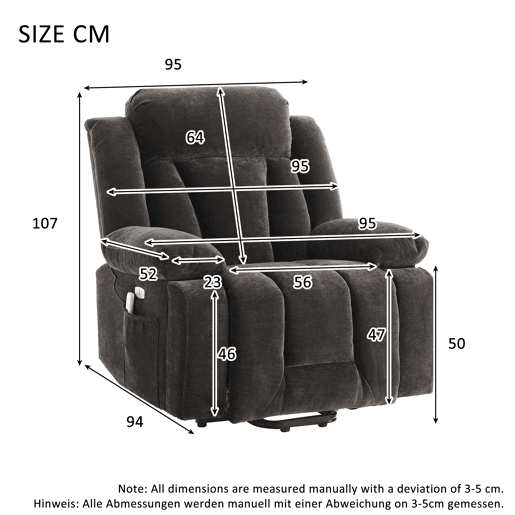 Poltrona de massagem elétrica 95x94x107cm - reclinável com aquecimento e função elevadora - cinza