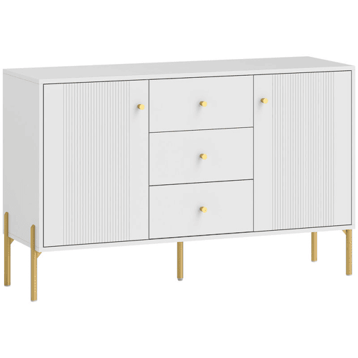 HOMCOM Aparador Moderno de 2 Portas, Aparador de Sala com 3 Gavetas, Prateleiras Ajustáveis, Tampo com Efeito Mármore, Pés de Aço, para Cozinha, Entrada, Quarto, Branco, 120x39,1x76 cm