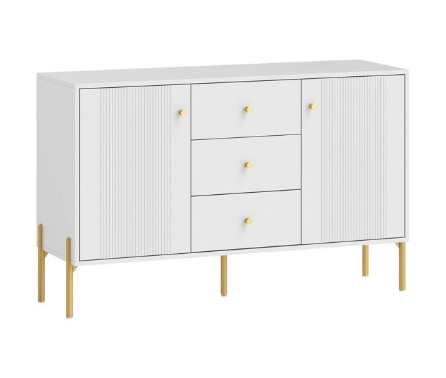 Homcom aparador moderno de 2 puertas, aparador de salón con 3 cajones, estantes ajustables, encimera con efecto mármol, patas de acero, para cocina, entrada, dormitorio, blanco, 120x39,1x76 cm