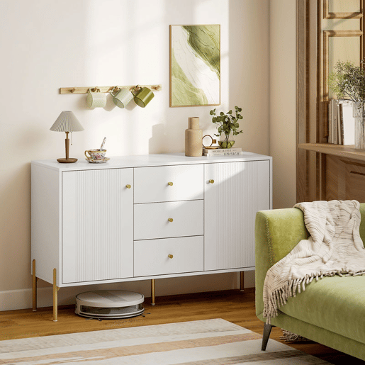 HOMCOM Aparador Moderno de 2 Portas, Aparador de Sala com 3 Gavetas, Prateleiras Ajustáveis, Tampo com Efeito Mármore, Pés de Aço, para Cozinha, Entrada, Quarto, Branco, 120x39,1x76 cm