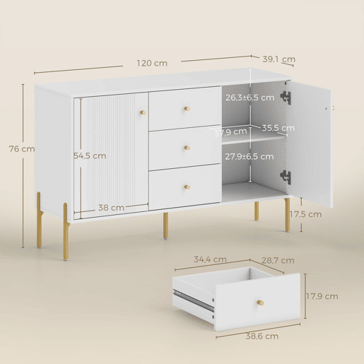 HOMCOM Aparador Moderno de 2 Portas, Aparador de Sala com 3 Gavetas, Prateleiras Ajustáveis, Tampo com Efeito Mármore, Pés de Aço, para Cozinha, Entrada, Quarto, Branco, 120x39,1x76 cm