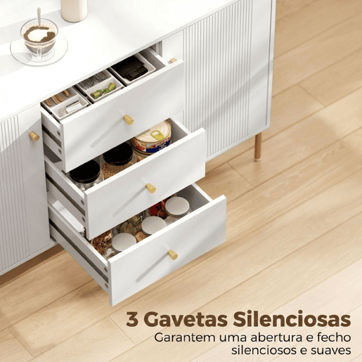 HOMCOM Aparador Moderno de 2 Portas, Aparador de Sala com 3 Gavetas, Prateleiras Ajustáveis, Tampo com Efeito Mármore, Pés de Aço, para Cozinha, Entrada, Quarto, Branco, 120x39,1x76 cm