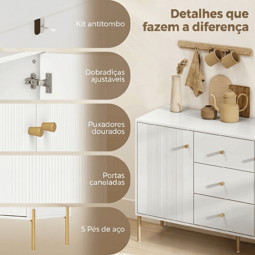 HOMCOM Aparador Moderno de 2 Portas, Aparador de Sala com 3 Gavetas, Prateleiras Ajustáveis, Tampo com Efeito Mármore, Pés de Aço, para Cozinha, Entrada, Quarto, Branco, 120x39,1x76 cm