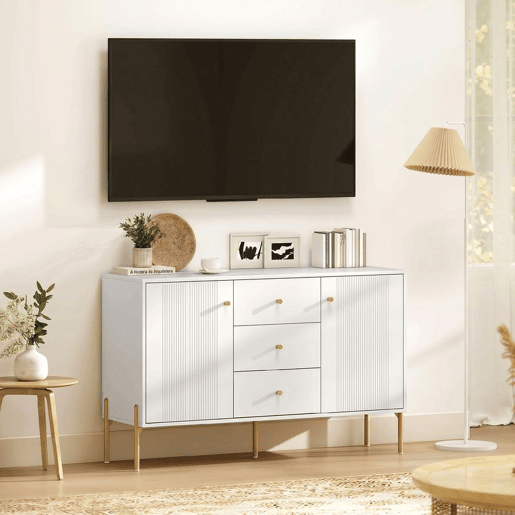 HOMCOM Aparador Moderno de 2 Portas, Aparador de Sala com 3 Gavetas, Prateleiras Ajustáveis, Tampo com Efeito Mármore, Pés de Aço, para Cozinha, Entrada, Quarto, Branco, 120x39,1x76 cm