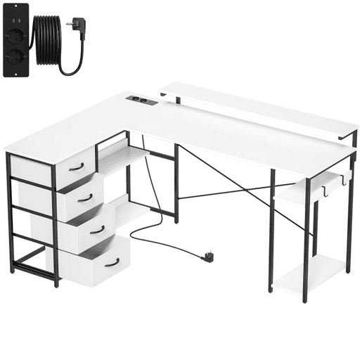 HOMCOM Secretária em L com Tomadas Integradas, 155 cm Secretária de Canto Reversível com 4 Gavetas de Tecido, Suporte para PC e 2 Ganchos, Mesa Moderna de Escrita para Escritório em Casa, Branco HOMCOM Secretária em L com Tomadas Integradas, 155 cm Secretária de Canto Reversível com 4 Gavetas de Tecido, Suporte para PC e 2 Ganchos, Mesa Moderna de Escrita para Escritório em Casa, Branco