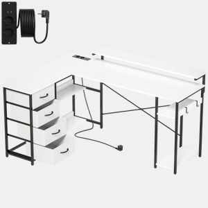 HOMCOM Secretária em L com Tomadas Integradas, 155 cm Secretária de Canto Reversível com 4 Gavetas de Tecido, Suporte para PC e 2 Ganchos, Mesa Moderna de Escrita para Escritório em Casa, Branco