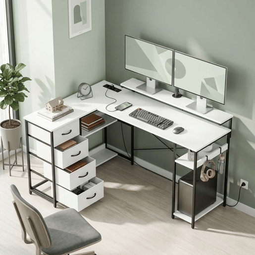 HOMCOM Secretária em L com Tomadas Integradas, 155 cm Secretária de Canto Reversível com 4 Gavetas de Tecido, Suporte para PC e 2 Ganchos, Mesa Moderna de Escrita para Escritório em Casa, Branco HOMCOM Secretária em L com Tomadas Integradas, 155 cm Secretária de Canto Reversível com 4 Gavetas de Tecido, Suporte para PC e 2 Ganchos, Mesa Moderna de Escrita para Escritório em Casa, Branco