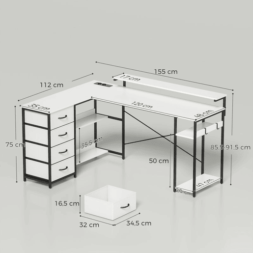 HOMCOM Secretária em L com Tomadas Integradas, 155 cm Secretária de Canto Reversível com 4 Gavetas de Tecido, Suporte para PC e 2 Ganchos, Mesa Moderna de Escrita para Escritório em Casa, Branco HOMCOM Secretária em L com Tomadas Integradas, 155 cm Secretária de Canto Reversível com 4 Gavetas de Tecido, Suporte para PC e 2 Ganchos, Mesa Moderna de Escrita para Escritório em Casa, Branco
