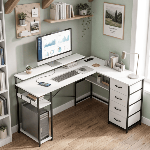 HOMCOM Secretária em L com Tomadas Integradas, 155 cm Secretária de Canto Reversível com 4 Gavetas de Tecido, Suporte para PC e 2 Ganchos, Mesa Moderna de Escrita para Escritório em Casa, Branco HOMCOM Secretária em L com Tomadas Integradas, 155 cm Secretária de Canto Reversível com 4 Gavetas de Tecido, Suporte para PC e 2 Ganchos, Mesa Moderna de Escrita para Escritório em Casa, Branco
