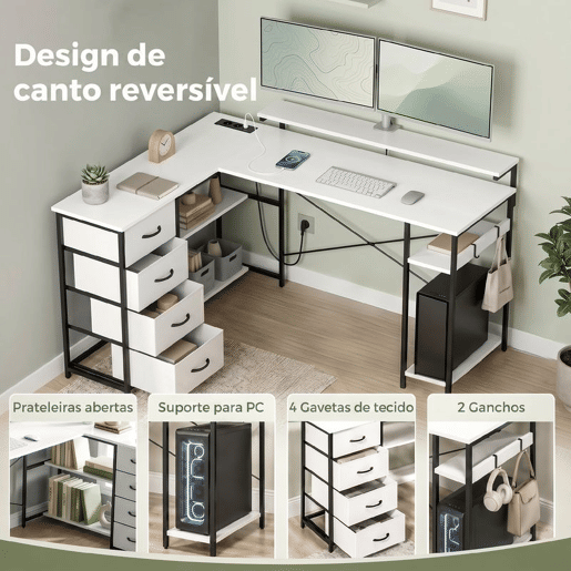HOMCOM Secretária em L com Tomadas Integradas, 155 cm Secretária de Canto Reversível com 4 Gavetas de Tecido, Suporte para PC e 2 Ganchos, Mesa Moderna de Escrita para Escritório em Casa, Branco HOMCOM Secretária em L com Tomadas Integradas, 155 cm Secretária de Canto Reversível com 4 Gavetas de Tecido, Suporte para PC e 2 Ganchos, Mesa Moderna de Escrita para Escritório em Casa, Branco
