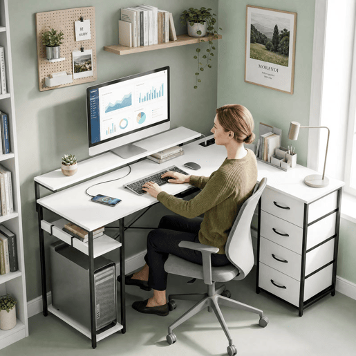 HOMCOM Secretária em L com Tomadas Integradas, 155 cm Secretária de Canto Reversível com 4 Gavetas de Tecido, Suporte para PC e 2 Ganchos, Mesa Moderna de Escrita para Escritório em Casa, Branco HOMCOM Secretária em L com Tomadas Integradas, 155 cm Secretária de Canto Reversível com 4 Gavetas de Tecido, Suporte para PC e 2 Ganchos, Mesa Moderna de Escrita para Escritório em Casa, Branco