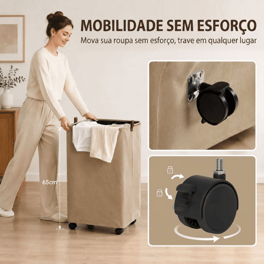 HOMCOM Cesto de Roupa Suja com Tampa e Rodas, 50L, Cesto de Roupa Dobrável com Bolsa com Cordão Removível e Lavável, para Lavandaria, Quarto, Casa de Banho, 40x30x65 cm, Castanho