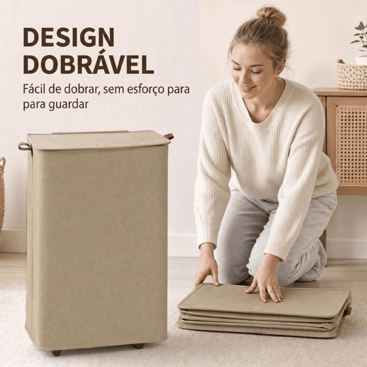 HOMCOM Cesto de Roupa Suja com Tampa e Rodas, 50L, Cesto de Roupa Dobrável com Bolsa com Cordão Removível e Lavável, para Lavandaria, Quarto, Casa de Banho, 40x30x65 cm, Castanho