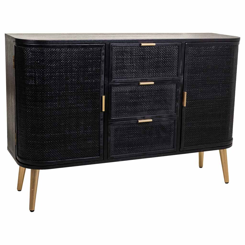 Aparador madera y ratán negro y dorado 115x35x77cm