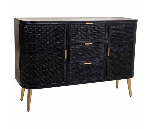 Aparador madera y ratán negro y dorado 115x35x77cm