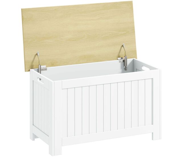 Homcom baúl de almacenaje para dormitorio 90 l banco de almacenaje con tapa baúl de almacenaje versátil con bisagra de seguridad para pasillo salón 80,5x40x46,4 cm natural y blanco