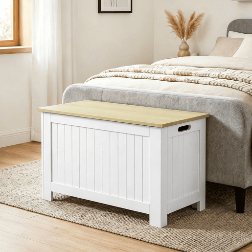 HOMCOM Baú de Arrumação para Quarto 90 L Banco de Arrumação com Tampa Baú Versátil com Dobradiça de Segurança para Corredor e Sala 80,5x40x46,4 cm Madeira e Branco HOMCOM Baú de Arrumação para Quarto 90 L Banco de Arrumação com Tampa Baú Versátil com Dobradiça de Segurança para Corredor e Sala 80,5x40x46,4 cm Madeira e Branco