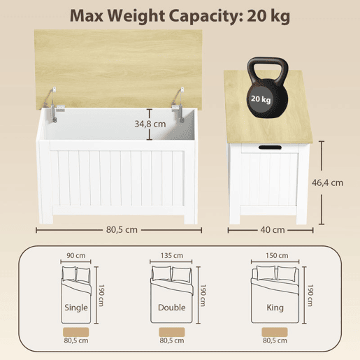 HOMCOM Baú de Arrumação para Quarto 90 L Banco de Arrumação com Tampa Baú Versátil com Dobradiça de Segurança para Corredor e Sala 80,5x40x46,4 cm Madeira e Branco HOMCOM Baú de Arrumação para Quarto 90 L Banco de Arrumação com Tampa Baú Versátil com Dobradiça de Segurança para Corredor e Sala 80,5x40x46,4 cm Madeira e Branco