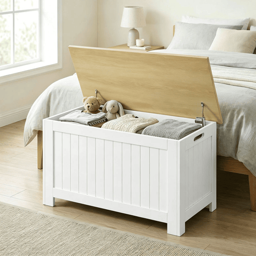 HOMCOM Baú de Arrumação para Quarto 90 L Banco de Arrumação com Tampa Baú Versátil com Dobradiça de Segurança para Corredor e Sala 80,5x40x46,4 cm Madeira e Branco HOMCOM Baú de Arrumação para Quarto 90 L Banco de Arrumação com Tampa Baú Versátil com Dobradiça de Segurança para Corredor e Sala 80,5x40x46,4 cm Madeira e Branco