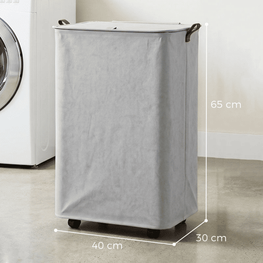 HOMCOM Cesto de Roupa Suja com Tampa e Rodas, 50L, Cesto Dobrável com Saco com Cordão Removível e Lavável, para Lavandaria, Quarto e Casa de Banho, 40x30x65 cm, Cinzento
