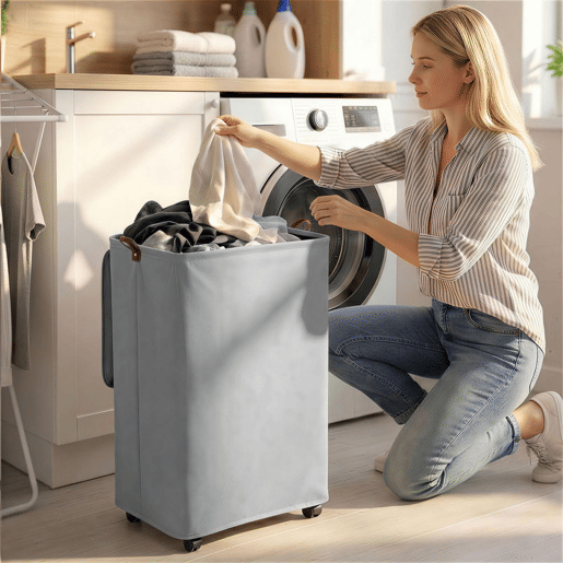 HOMCOM Cesto de Roupa Suja com Tampa e Rodas, 50L, Cesto Dobrável com Saco com Cordão Removível e Lavável, para Lavandaria, Quarto e Casa de Banho, 40x30x65 cm, Cinzento