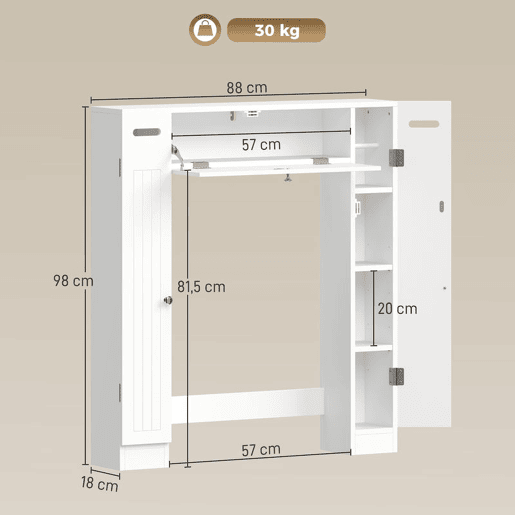 HOMCOM Móvel sobre Sanita Armário sobre Sanita Móvel de Casa de Banho com 2 Armários Laterais Gaveta Basculante Suportes para Papel Prateleiras Ajustáveis para Lavandarias Espaços Pequenos 88x18x98 cm Branco