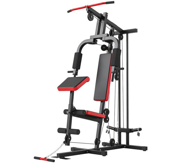 Sportnow multiestación musculación, máquina de musculación con polea alta y baja, prensa de pecho, curl de piernas y bíceps, mariposa, compatible con discos 25 y 50 mm carga 120 kg para gimnasio casa