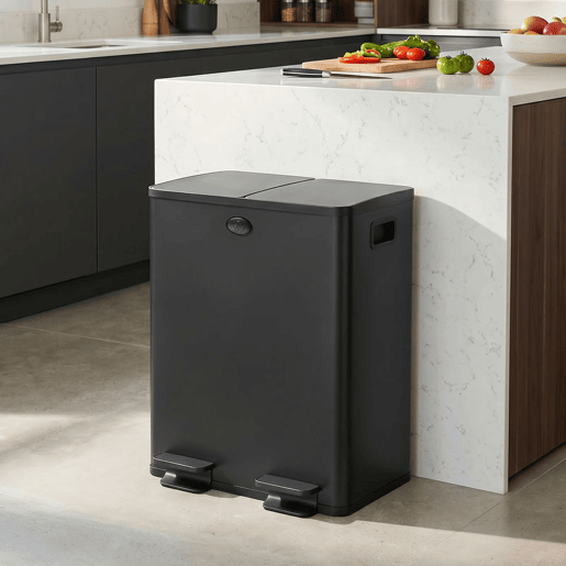 HOMCOM Balde do Lixo de Cozinha com Pedal, 2 Compartimentos de 20L, Aço Inoxidável, Tampas de Fecho Suave e Baldes Removíveis, Preto