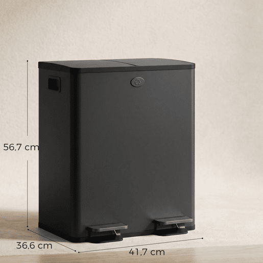 HOMCOM Balde do Lixo de Cozinha com Pedal, 2 Compartimentos de 20L, Aço Inoxidável, Tampas de Fecho Suave e Baldes Removíveis, Preto