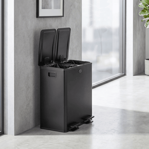 HOMCOM Balde do Lixo de Cozinha com Pedal, 2 Compartimentos de 20L, Aço Inoxidável, Tampas de Fecho Suave e Baldes Removíveis, Preto