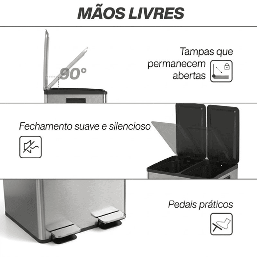 HOMCOM Balde do Lixo de Cozinha com Pedal, 2 Compartimentos de 20L, Aço Inoxidável, Tampas de Fecho Suave e Baldes Removíveis, Preto