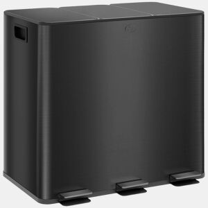 HOMCOM Caixote do Lixo de Cozinha com 3 Compartimentos 3x15L Papelera de Cozinha em Aço Inoxidável com Pedais, Tampas de Fecho Suave e Balde Removível para Reciclagem e Resíduos Alimentares Preto