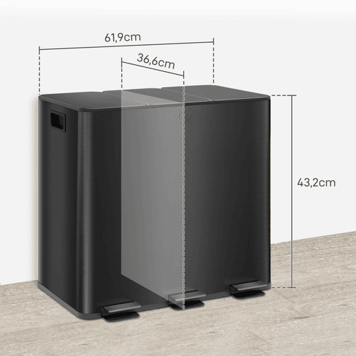 HOMCOM Caixote do Lixo de Cozinha com 3 Compartimentos 3x15L Papelera de Cozinha em Aço Inoxidável com Pedais, Tampas de Fecho Suave e Balde Removível para Reciclagem e Resíduos Alimentares Preto