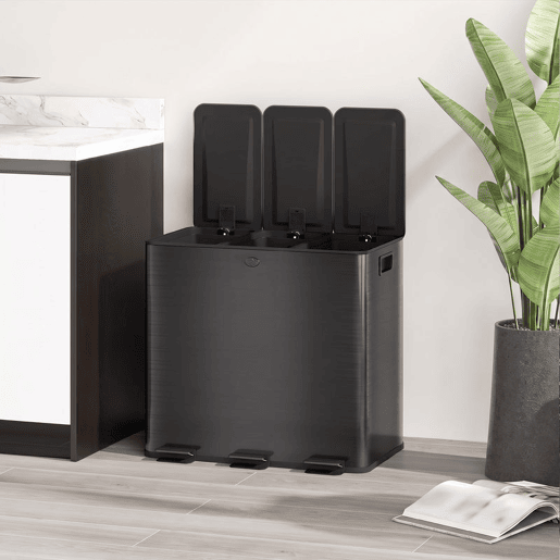 HOMCOM Caixote do Lixo de Cozinha com 3 Compartimentos 3x15L Papelera de Cozinha em Aço Inoxidável com Pedais, Tampas de Fecho Suave e Balde Removível para Reciclagem e Resíduos Alimentares Preto