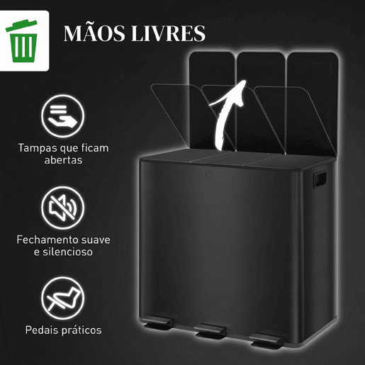 HOMCOM Caixote do Lixo de Cozinha com 3 Compartimentos 3x15L Papelera de Cozinha em Aço Inoxidável com Pedais, Tampas de Fecho Suave e Balde Removível para Reciclagem e Resíduos Alimentares Preto
