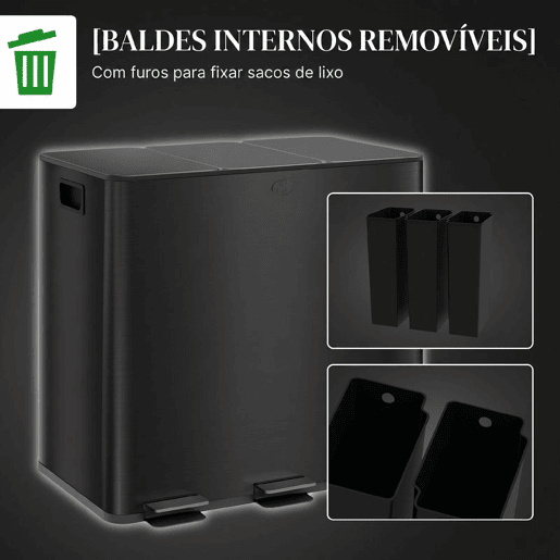 HOMCOM Caixote do Lixo de Cozinha com 3 Compartimentos 3x15L Papelera de Cozinha em Aço Inoxidável com Pedais, Tampas de Fecho Suave e Balde Removível para Reciclagem e Resíduos Alimentares Preto