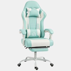 HOMCOM Cadeira Gaming Cadeira de Escritório Ergonómica Reclinável 155° com Suporte Lombar com Massagem Apoio de Cabeça Apoio para os Pés Altura Ajustável e Giratória 63x66x126-134 cm Azul Claro
