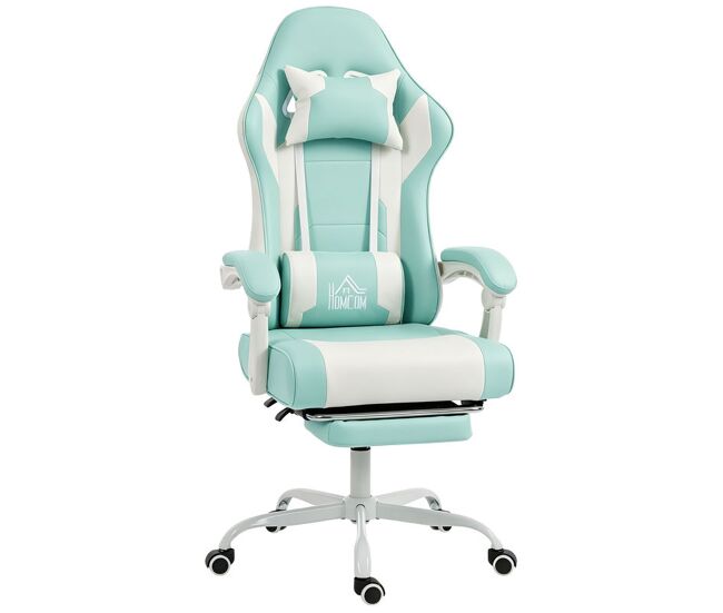 Homcom silla gaming ergonómica, silla gamer con lumbar masaje vibración, reclinable 155°, altura ajustable, reposacabezas y reposapiés retráctil, para oficina, estudio, azul claro