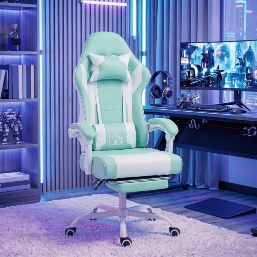 HOMCOM Cadeira Gaming Cadeira de Escritório Ergonómica Reclinável 155° com Suporte Lombar com Massagem Apoio de Cabeça Apoio para os Pés Altura Ajustável e Giratória 63x66x126-134 cm Azul Claro