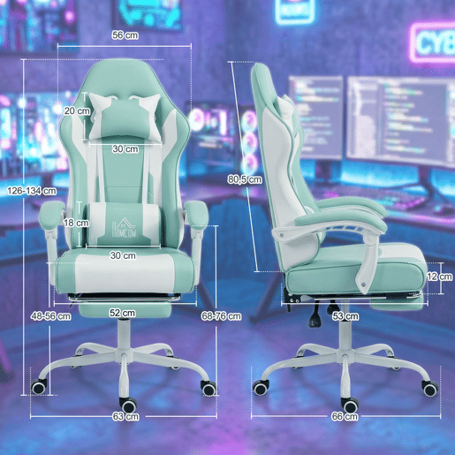 HOMCOM Cadeira Gaming Cadeira de Escritório Ergonómica Reclinável 155° com Suporte Lombar com Massagem Apoio de Cabeça Apoio para os Pés Altura Ajustável e Giratória 63x66x126-134 cm Azul Claro