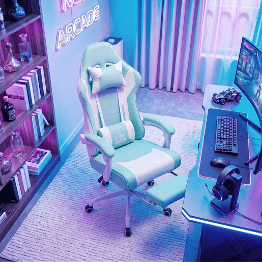 HOMCOM Cadeira Gaming Cadeira de Escritório Ergonómica Reclinável 155° com Suporte Lombar com Massagem Apoio de Cabeça Apoio para os Pés Altura Ajustável e Giratória 63x66x126-134 cm Azul Claro