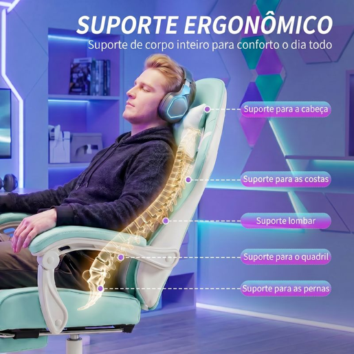 HOMCOM Cadeira Gaming Cadeira de Escritório Ergonómica Reclinável 155° com Suporte Lombar com Massagem Apoio de Cabeça Apoio para os Pés Altura Ajustável e Giratória 63x66x126-134 cm Azul Claro
