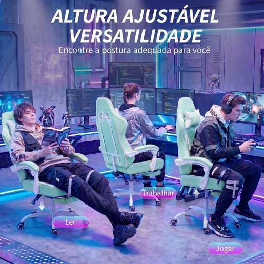 HOMCOM Cadeira Gaming Cadeira de Escritório Ergonómica Reclinável 155° com Suporte Lombar com Massagem Apoio de Cabeça Apoio para os Pés Altura Ajustável e Giratória 63x66x126-134 cm Azul Claro