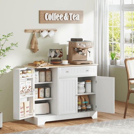 HOMCOM Aparador de Cozinha Armário de Cozinha com 3 Prateleiras com Porta 1 Gaveta Prateleiras Ajustáveis Aparador para Sala de Jantar 105x40x83 cm Branco