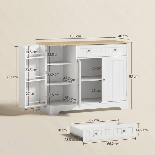 HOMCOM Aparador de Cozinha Armário de Cozinha com 3 Prateleiras com Porta 1 Gaveta Prateleiras Ajustáveis Aparador para Sala de Jantar 105x40x83 cm Branco