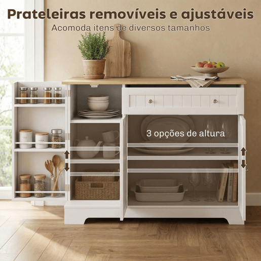 HOMCOM Aparador de Cozinha Armário de Cozinha com 3 Prateleiras com Porta 1 Gaveta Prateleiras Ajustáveis Aparador para Sala de Jantar 105x40x83 cm Branco