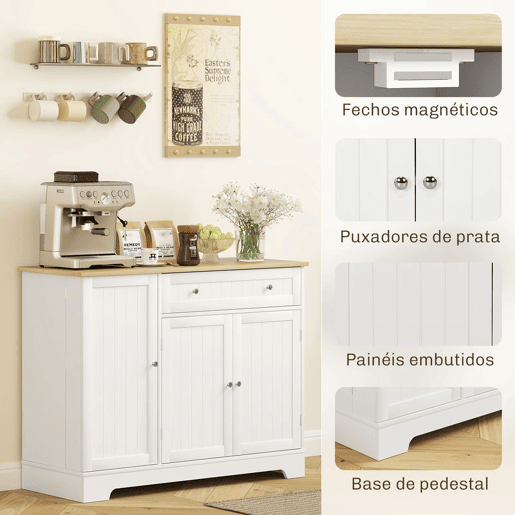 HOMCOM Aparador de Cozinha Armário de Cozinha com 3 Prateleiras com Porta 1 Gaveta Prateleiras Ajustáveis Aparador para Sala de Jantar 105x40x83 cm Branco