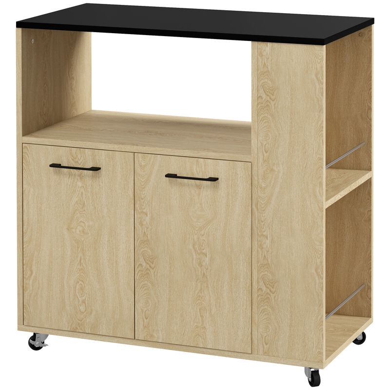 Homcom carrito auxiliar con ruedas, carrito de cocina con 2 puertas, estante ajustable, especieros, para comedor, 75x40x80,5 cm, natural